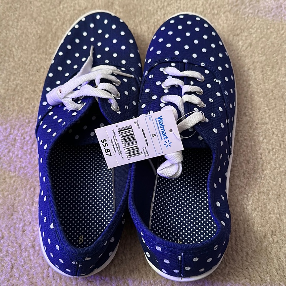 Brand new blue polka dot sneakers size 8. Original shoe box not available.